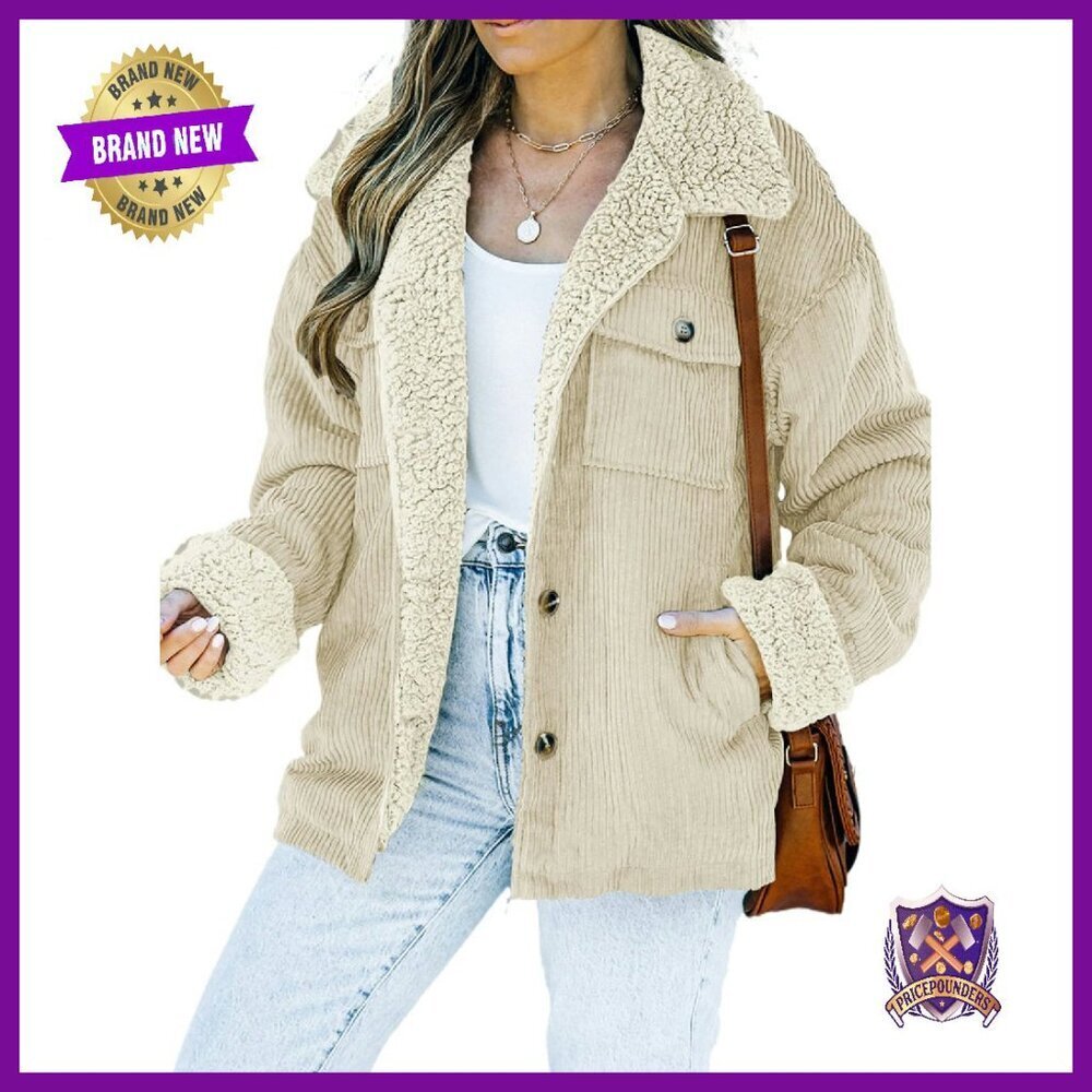 Corduroy Sherpa Jacket Women's Winter Coat Button Down Fleece Collar